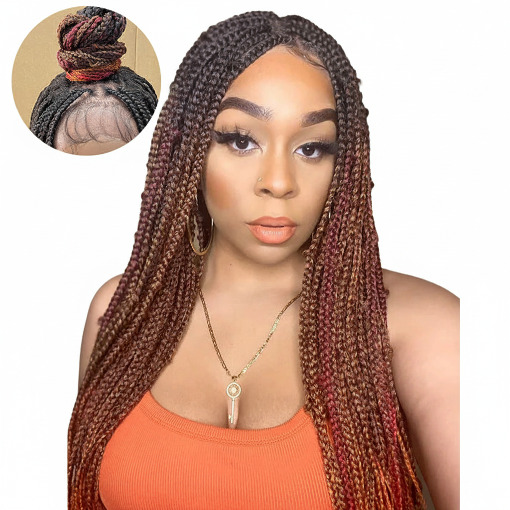 Black to Orange Box Braids Half-Up Bun