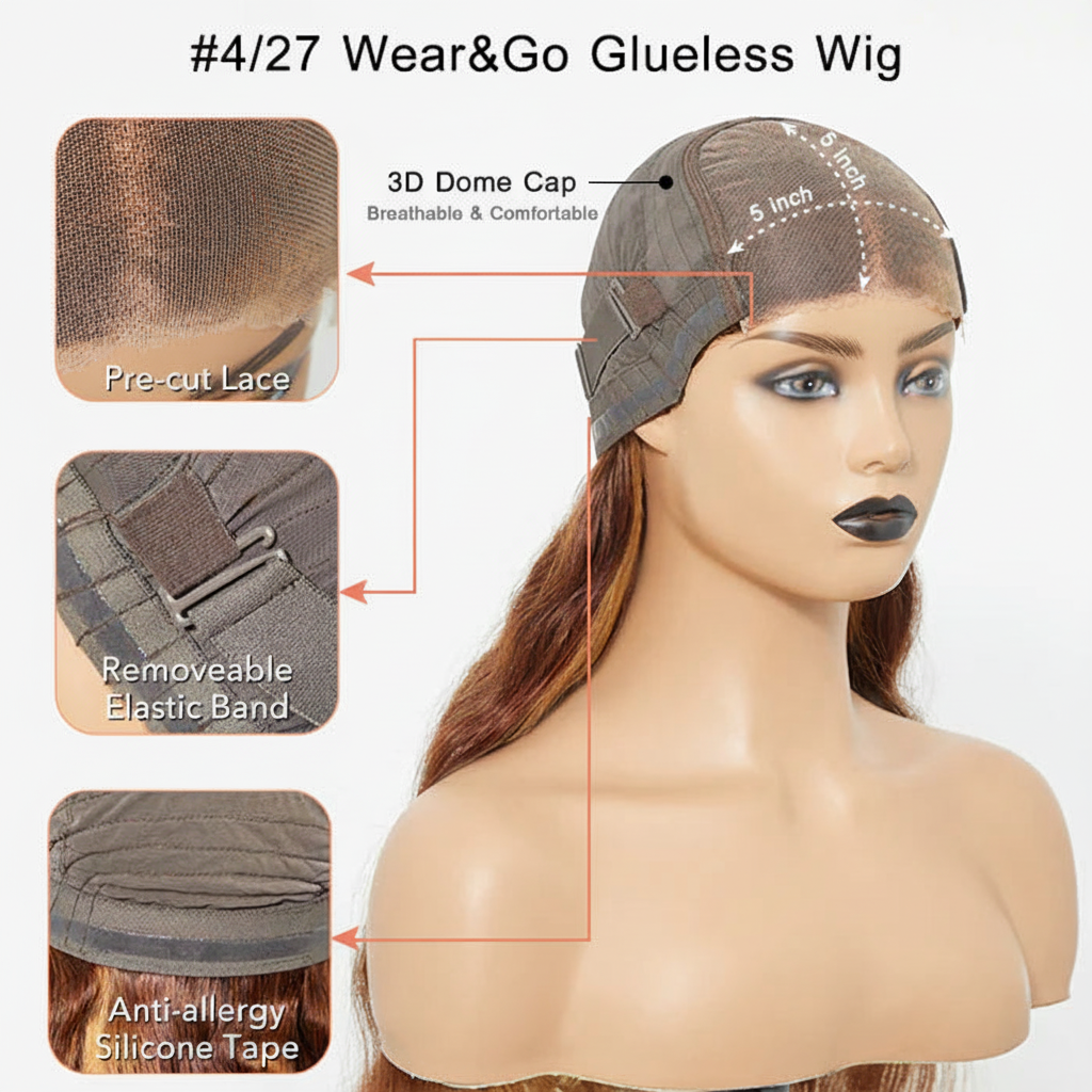Wear&Go Glueless Wig Features with Pink Labels